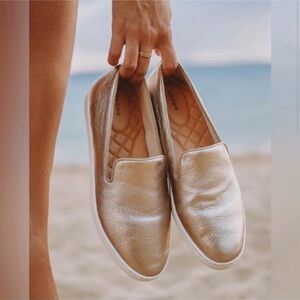 Birdies Swift Metallic Gold Leather Slip On Sneaker Loafer Shoes